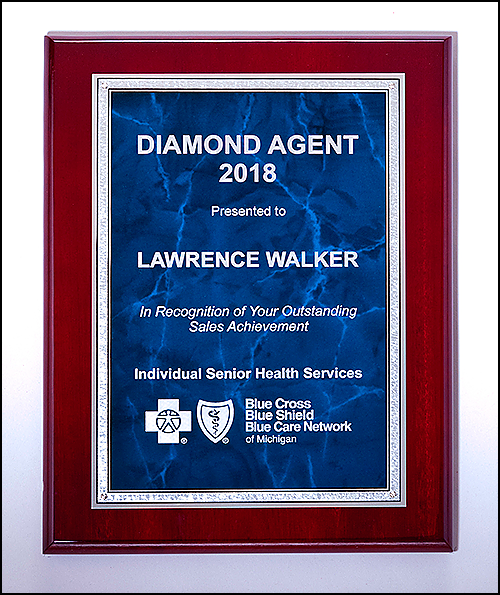 Rosewood plaque featuring a blue marble plate with silver florentine border. Available in 3 sizes.
