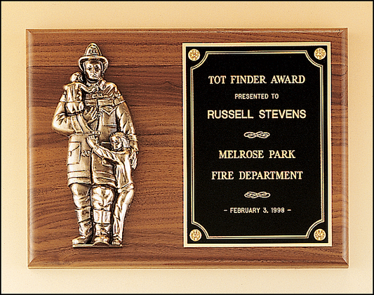 9"x12" Walnut Plaque with Bronze Firefighter & Children Cast, Black Brass Engravable Plate