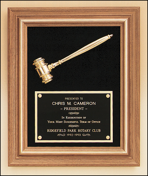 15"x18" Rectangle Step Plaque with gold Trim, Slanted gold gavel with Black velour background, Laser engrave plate