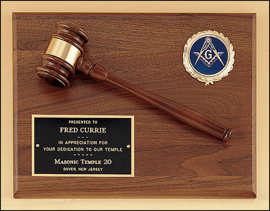 9"x12" Walnut rectangle plaque with a Gold Gavel in middle, spot for insert in top right, Laser engravable plate on bottom left