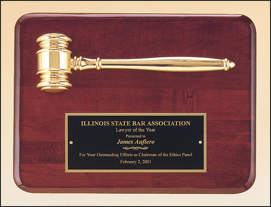 9"x12" Rosewood Piano Finish Plaque with gold gavel across the top, Laser Engraved Plate