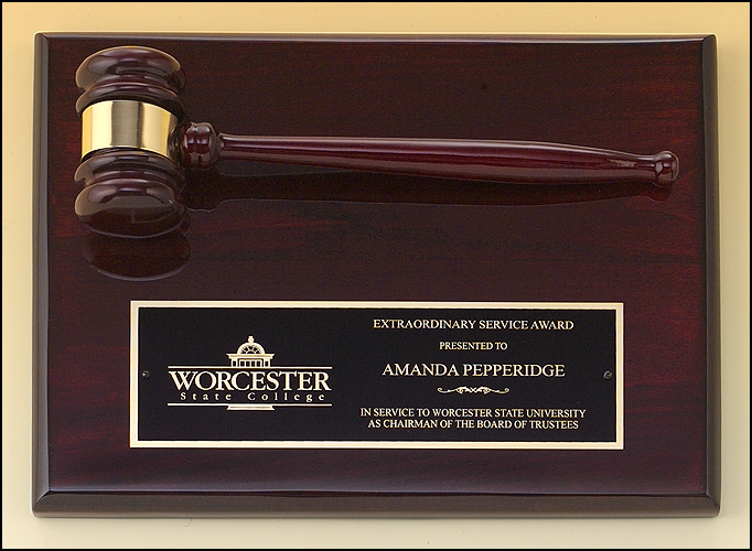 9"x12" Rosewood Piano Finish Plaque with rosewood gavel across the top, Laser Engraved Plate