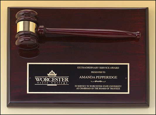 9"x12" Rosewood Piano Finish Plaque with rosewood gavel across the top, Laser Engraved Plate