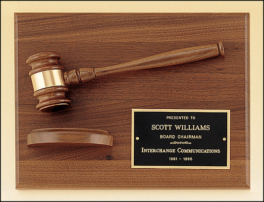 9"x12" Walnut Rectangle plaque with Wooden gavel & Sounding block, Laser engraved Plate