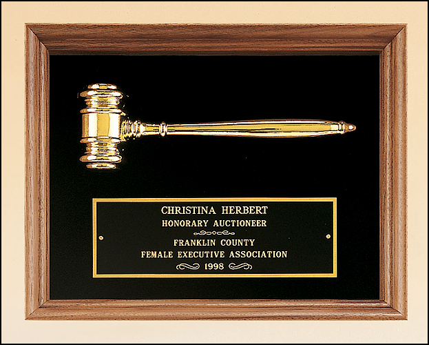 Gavel Plaque - 10"x13" Walnut Frame with black velnor background, Antique gold Metal Gavel, Laserable engrave plate