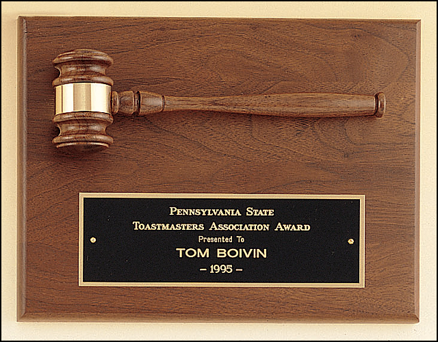 9"x12" Walnut Plaque with a Horizontal wooden gavel on top, Laser engravable Plate