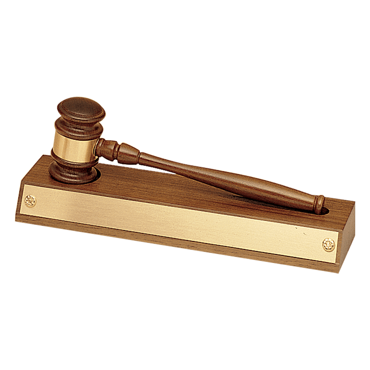 3"x11.5" Removable Walnut Gavel with gold band on a walnut base, Engravable plate