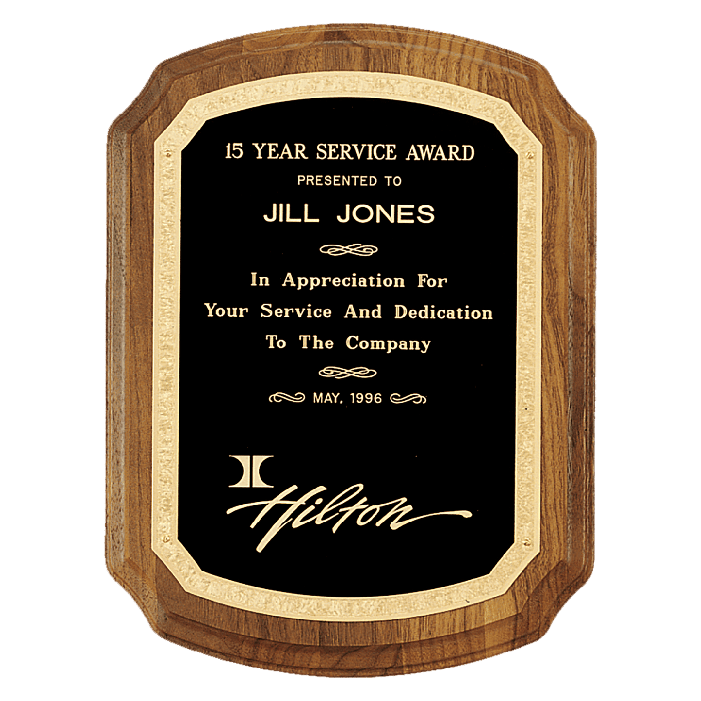 Walnut plaque with notched corners with florentine border design and black brass plate. Availalble in 3 sizes.