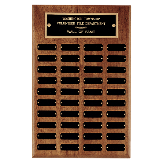 13"x20" 40 plates walnut perpetual plaque Black brass plates are 7/8" x 2-1/2"