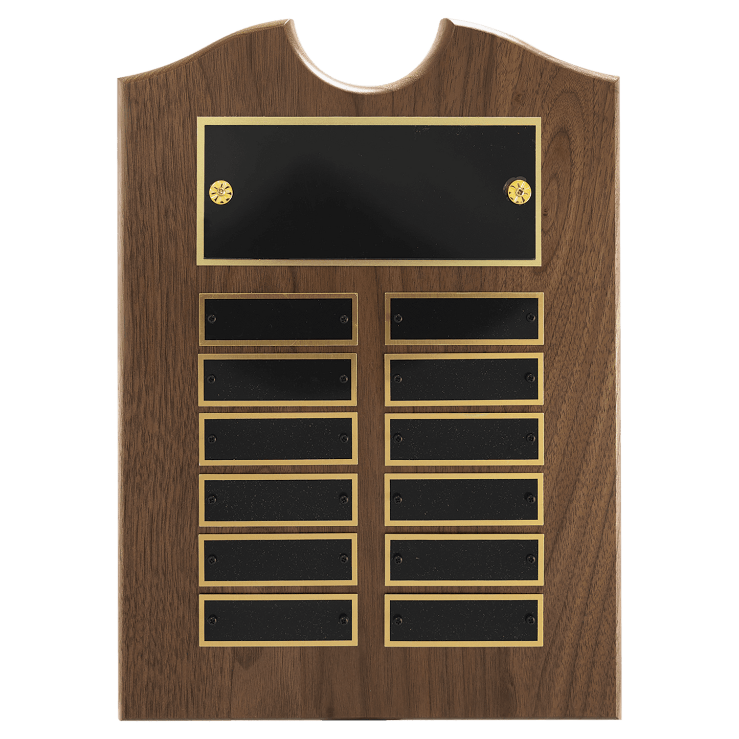 Solid Amerian Walnut perpetual plaque with traditional scalloped design top.  Black brass plates, Individual plates are 7/8" x 2-3/4". Available with 15 plate combinations.