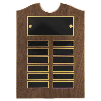 Solid Amerian Walnut perpetual plaque with traditional scalloped design top.  Black brass plates, Individual plates are 7/8" x 2-3/4". Available with 15 plate combinations.