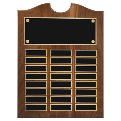 Solid Amerian Walnut perpetual plaque with traditional scalloped design top.  Black brass plates, Individual plates are 7/8" x 2-3/4". Available with 15 plate combinations.