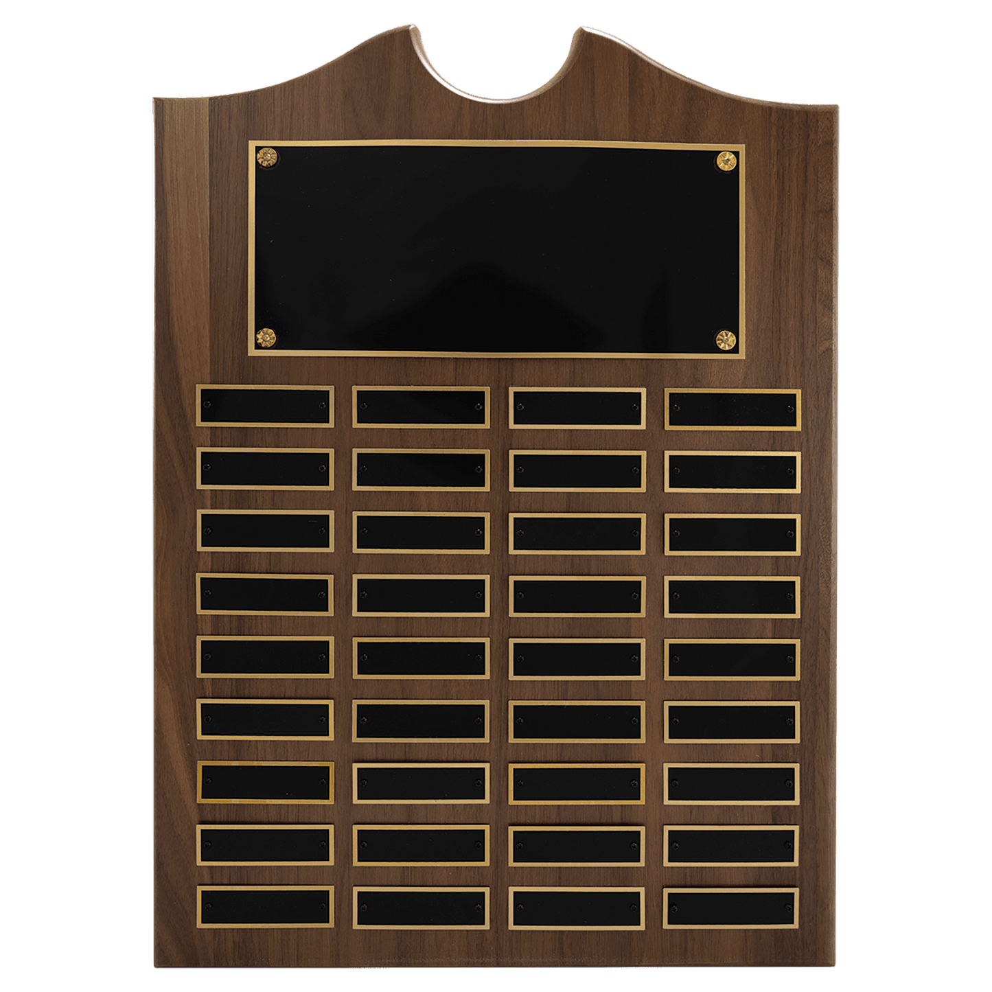 Solid Amerian Walnut perpetual plaque with traditional scalloped design top.  Black brass plates, Individual plates are 7/8" x 2-3/4". Available with 15 plate combinations.