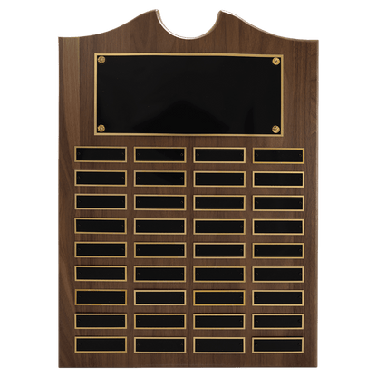 Solid Amerian Walnut perpetual plaque with traditional scalloped design top.  Black brass plates, Individual plates are 7/8" x 2-3/4". Available with 15 plate combinations.