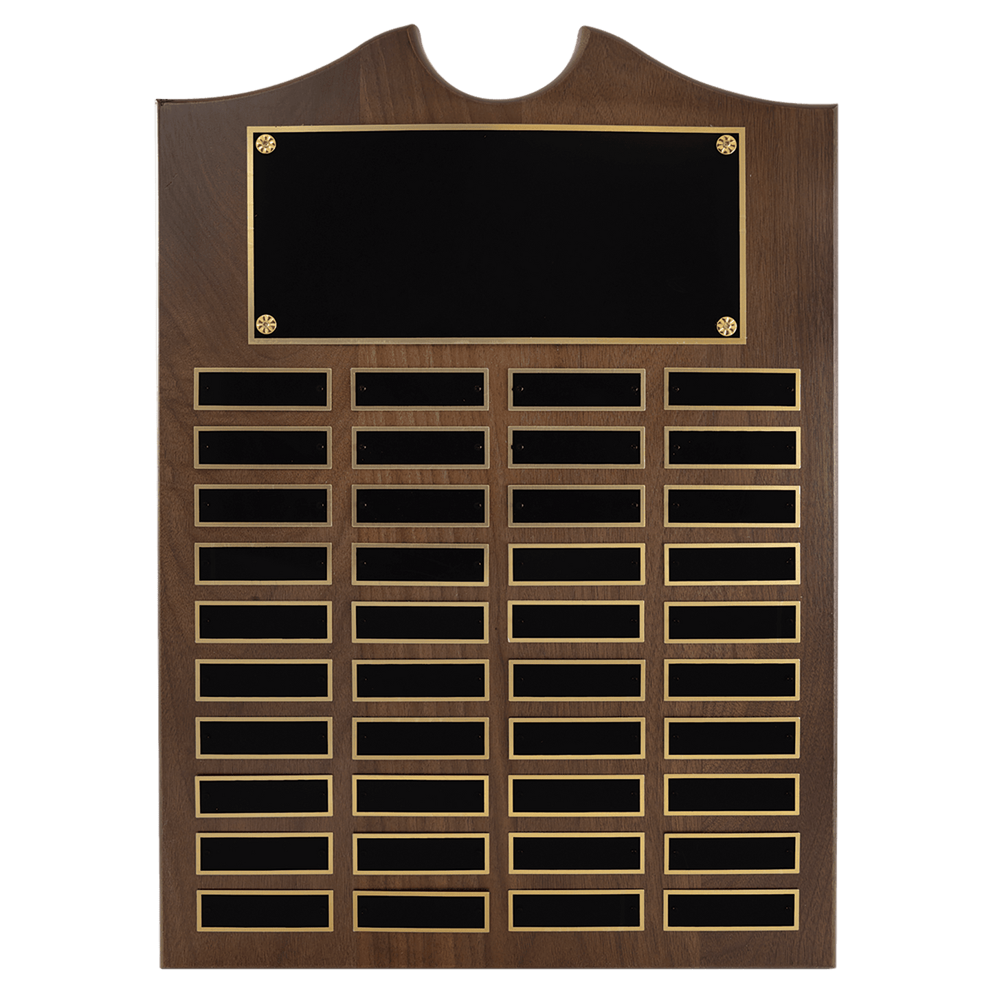 Solid Amerian Walnut perpetual plaque with traditional scalloped design top.  Black brass plates, Individual plates are 7/8" x 2-3/4". Available with 15 plate combinations.