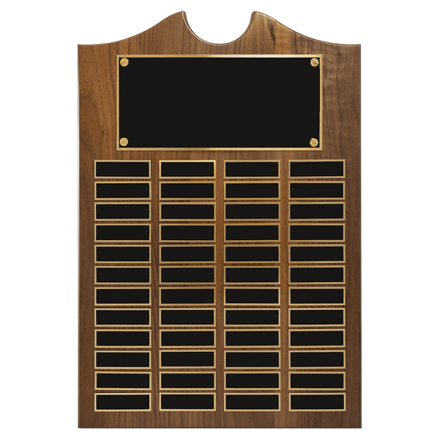 Solid Amerian Walnut perpetual plaque with traditional scalloped design top.  Black brass plates, Individual plates are 7/8" x 2-3/4". Available with 15 plate combinations.