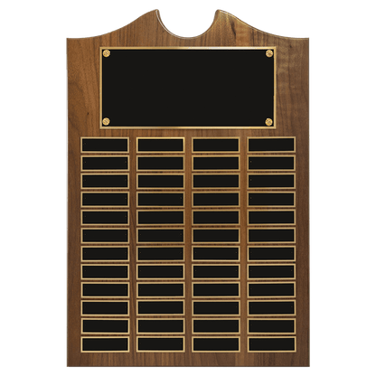Solid Amerian Walnut perpetual plaque with traditional scalloped design top.  Black brass plates, Individual plates are 7/8" x 2-3/4". Available with 15 plate combinations.