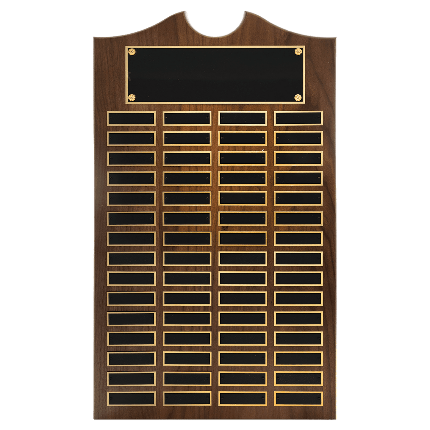 Solid Amerian Walnut perpetual plaque with traditional scalloped design top.  Black brass plates, Individual plates are 7/8" x 2-3/4". Available with 15 plate combinations.