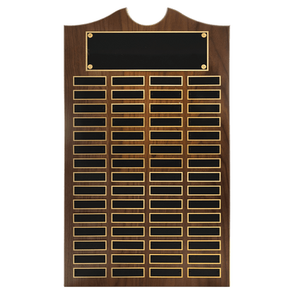 Solid Amerian Walnut perpetual plaque with traditional scalloped design top.  Black brass plates, Individual plates are 7/8" x 2-3/4". Available with 15 plate combinations.