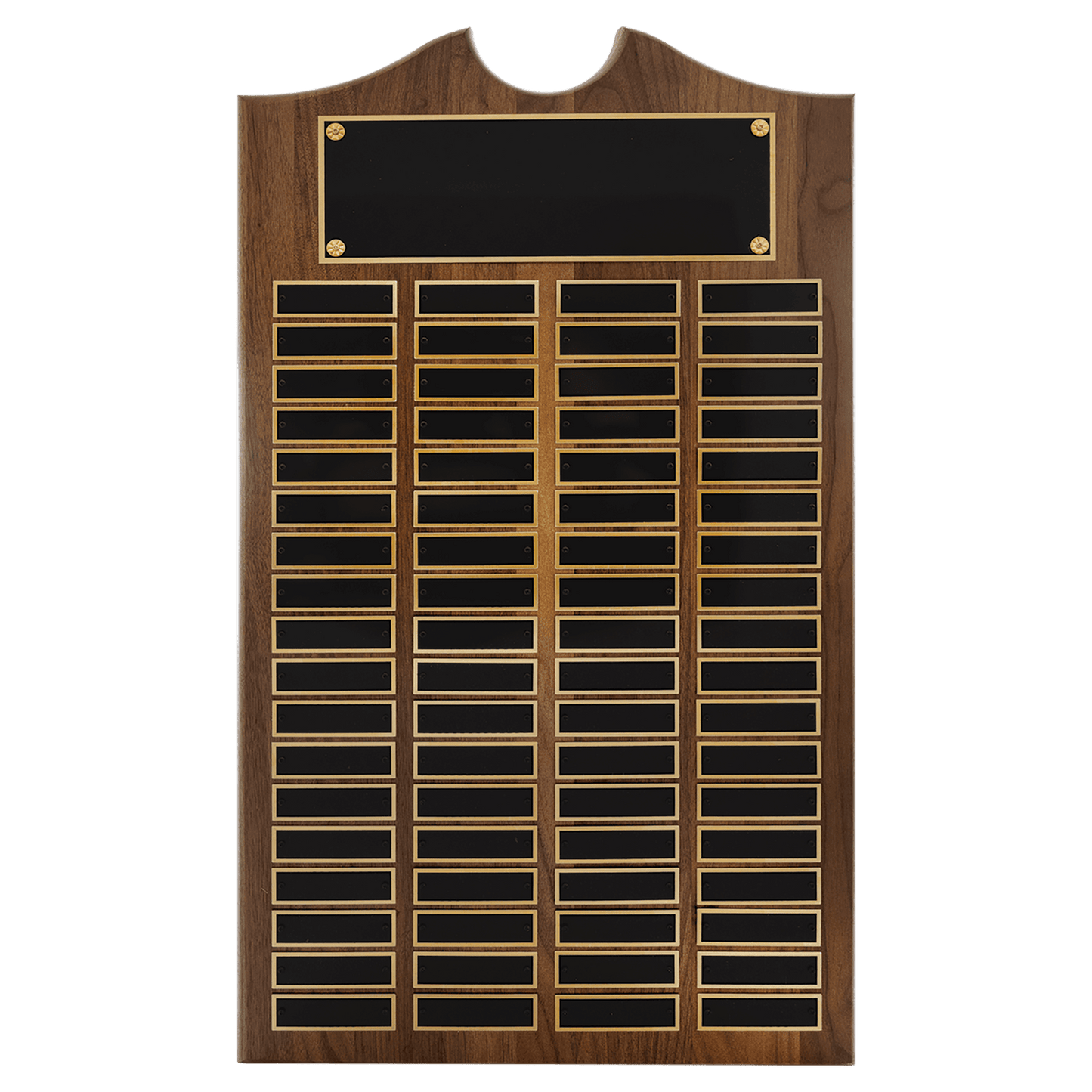 Solid Amerian Walnut perpetual plaque with traditional scalloped design top.  Black brass plates, Individual plates are 7/8" x 2-3/4". Available with 15 plate combinations.