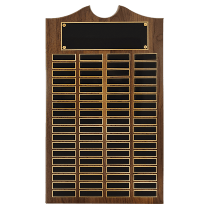 Solid Amerian Walnut perpetual plaque with traditional scalloped design top.  Black brass plates, Individual plates are 7/8" x 2-3/4". Available with 15 plate combinations.