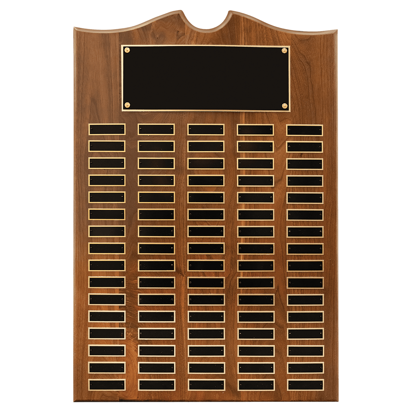 Solid Amerian Walnut perpetual plaque with traditional scalloped design top.  Black brass plates, Individual plates are 7/8" x 2-3/4". Available with 15 plate combinations.