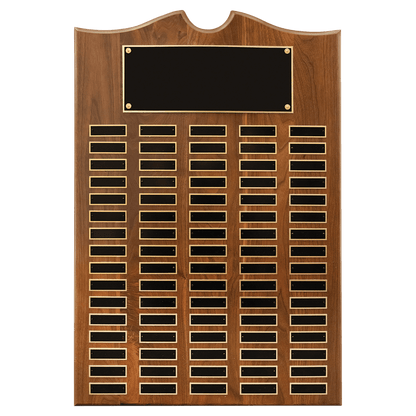 Solid Amerian Walnut perpetual plaque with traditional scalloped design top.  Black brass plates, Individual plates are 7/8" x 2-3/4". Available with 15 plate combinations.