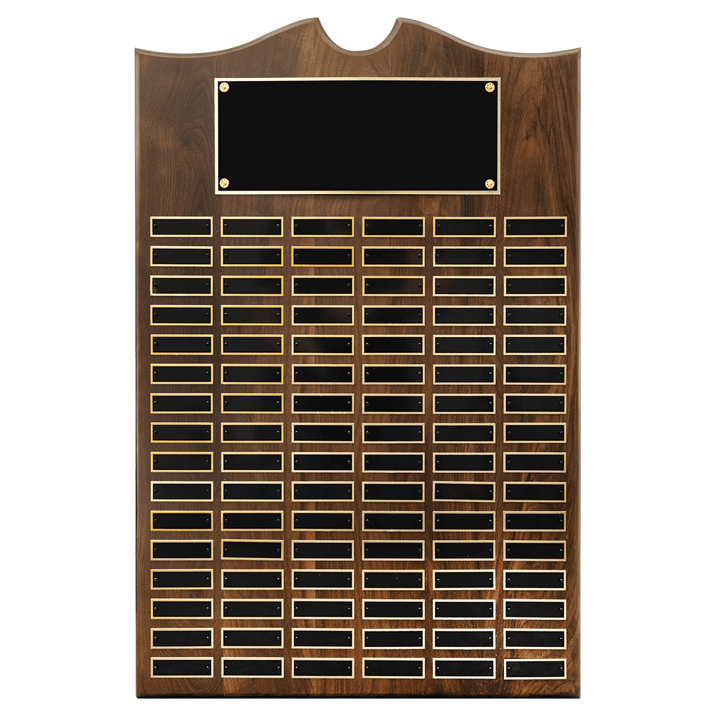 Solid Amerian Walnut perpetual plaque with traditional scalloped design top.  Black brass plates, Individual plates are 7/8" x 2-3/4". Available with 15 plate combinations.