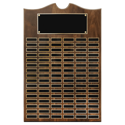 Solid Amerian Walnut perpetual plaque with traditional scalloped design top.  Black brass plates, Individual plates are 7/8" x 2-3/4". Available with 15 plate combinations.