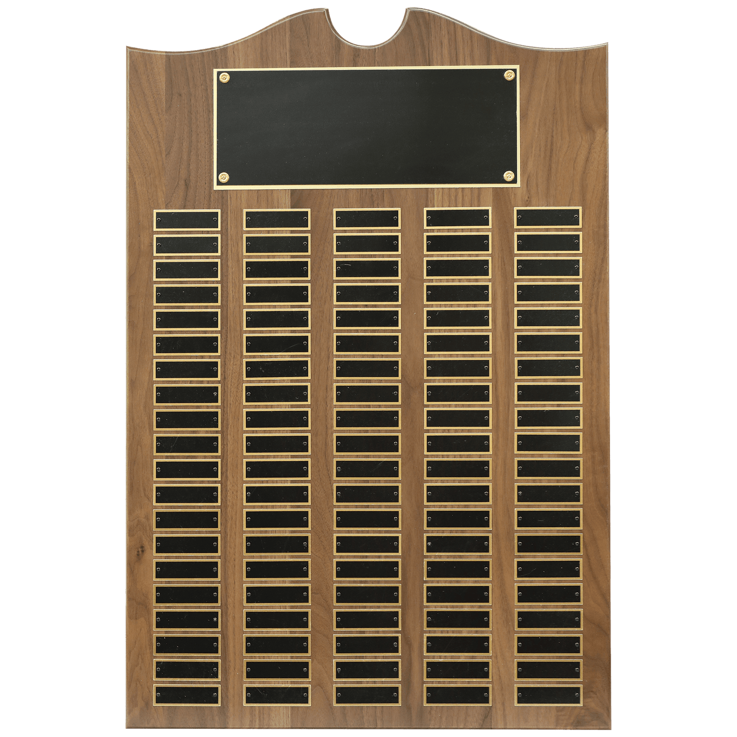 Solid Amerian Walnut perpetual plaque with traditional scalloped design top.  Black brass plates, Individual plates are 7/8" x 2-3/4". Available with 15 plate combinations.