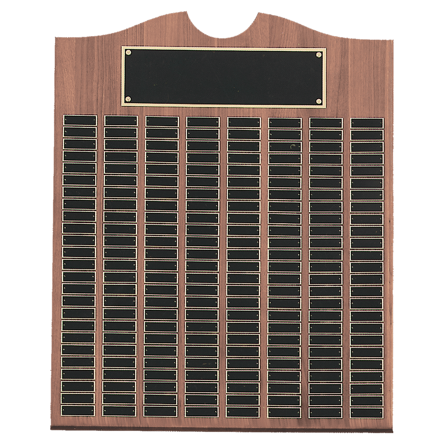 Solid Amerian Walnut perpetual plaque with traditional scalloped design top.  Black brass plates, Individual plates are 7/8" x 2-3/4". Available with 15 plate combinations.