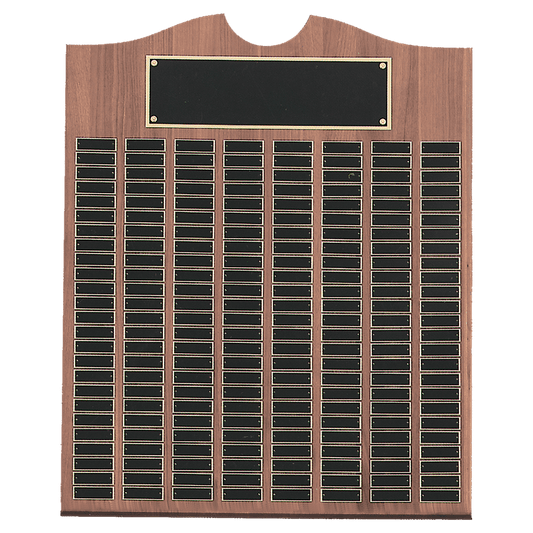 Solid Amerian Walnut perpetual plaque with traditional scalloped design top.  Black brass plates, Individual plates are 7/8" x 2-3/4". Available with 15 plate combinations.