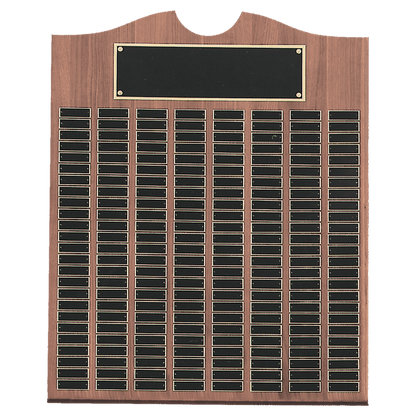 Solid Amerian Walnut perpetual plaque with traditional scalloped design top.  Black brass plates, Individual plates are 7/8" x 2-3/4". Available with 15 plate combinations.
