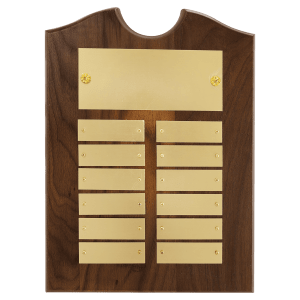 Solid American Walnut perpetual plaque with traditional scalloped design top.  Brushed gold brass plates, Individual plates are 7/8" x 2-3/4". Available with 15 plate combinations.