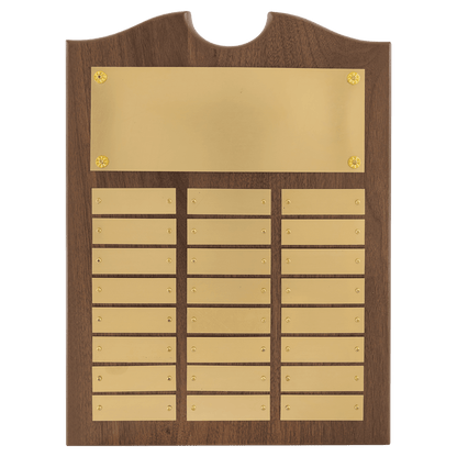 Solid American Walnut perpetual plaque with traditional scalloped design top.  Brushed gold brass plates, Individual plates are 7/8" x 2-3/4". Available with 15 plate combinations.