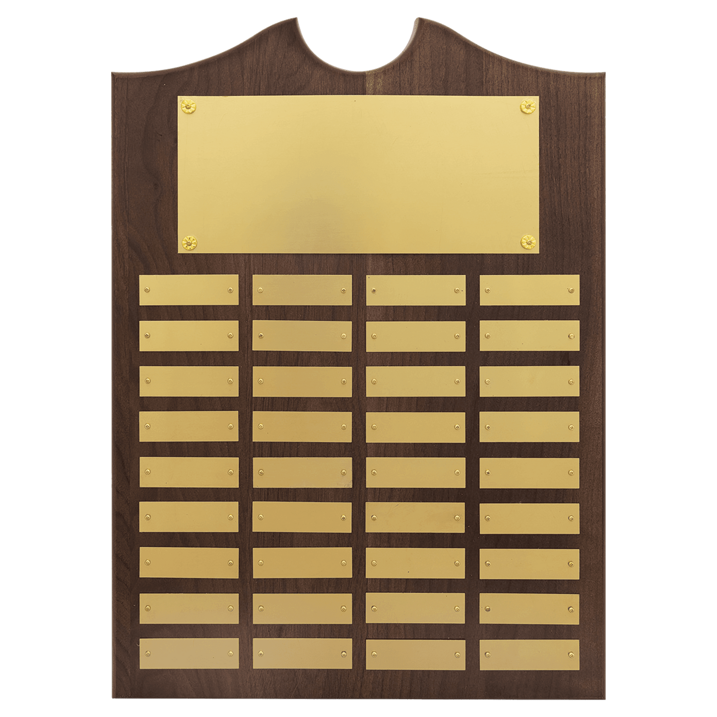 Solid American Walnut perpetual plaque with traditional scalloped design top.  Brushed gold brass plates, Individual plates are 7/8" x 2-3/4". Available with 15 plate combinations.