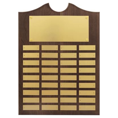 Solid American Walnut perpetual plaque with traditional scalloped design top.  Brushed gold brass plates, Individual plates are 7/8" x 2-3/4". Available with 15 plate combinations.