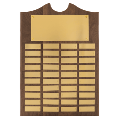 Solid American Walnut perpetual plaque with traditional scalloped design top.  Brushed gold brass plates, Individual plates are 7/8" x 2-3/4". Available with 15 plate combinations.