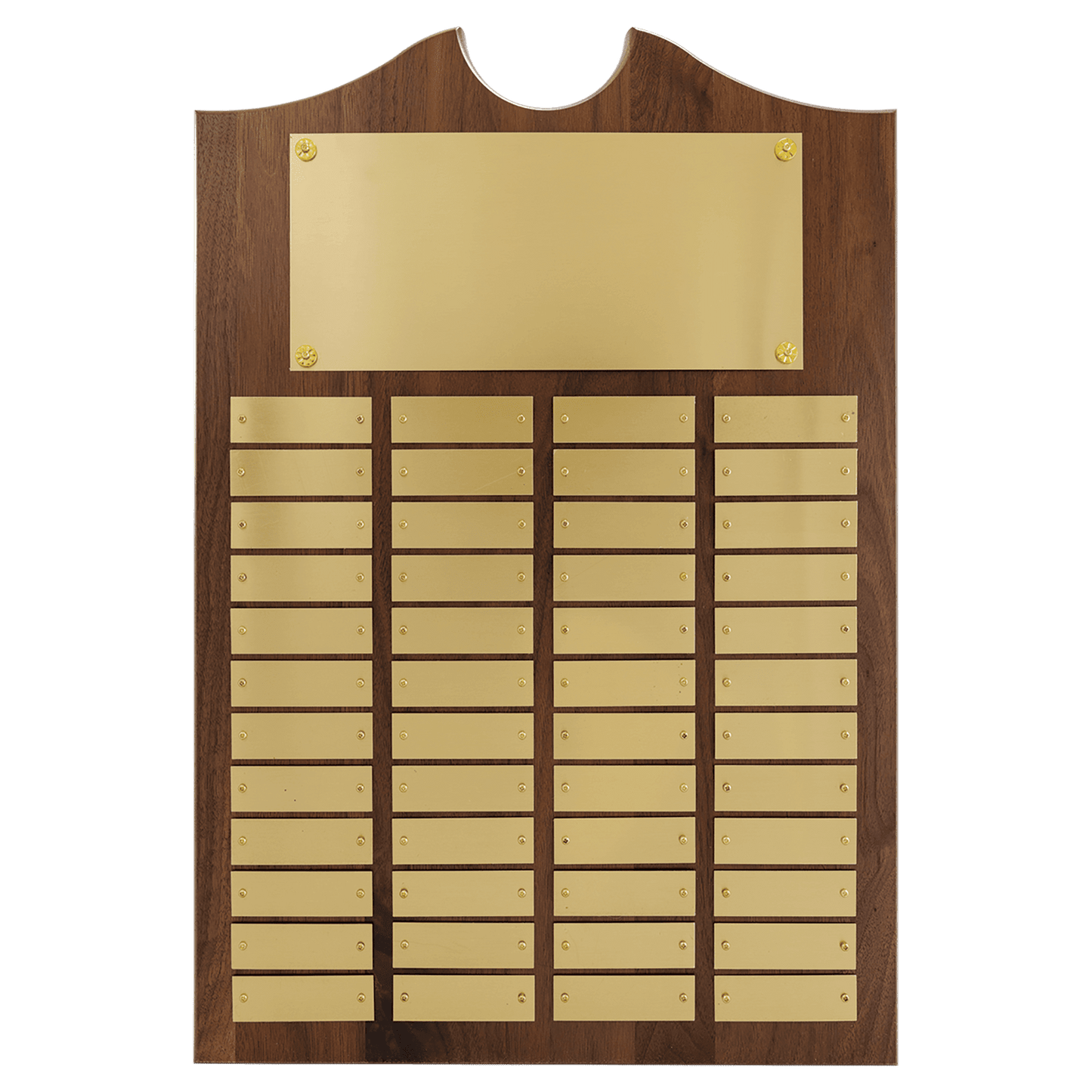 Solid American Walnut perpetual plaque with traditional scalloped design top.  Brushed gold brass plates, Individual plates are 7/8" x 2-3/4". Available with 15 plate combinations.