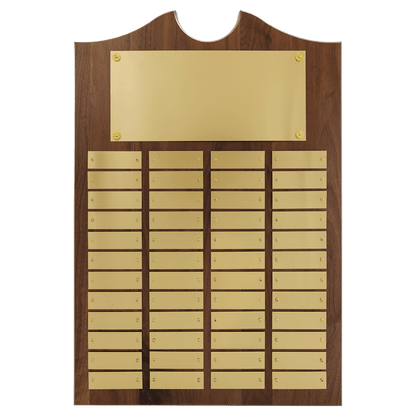 Solid American Walnut perpetual plaque with traditional scalloped design top.  Brushed gold brass plates, Individual plates are 7/8" x 2-3/4". Available with 15 plate combinations.