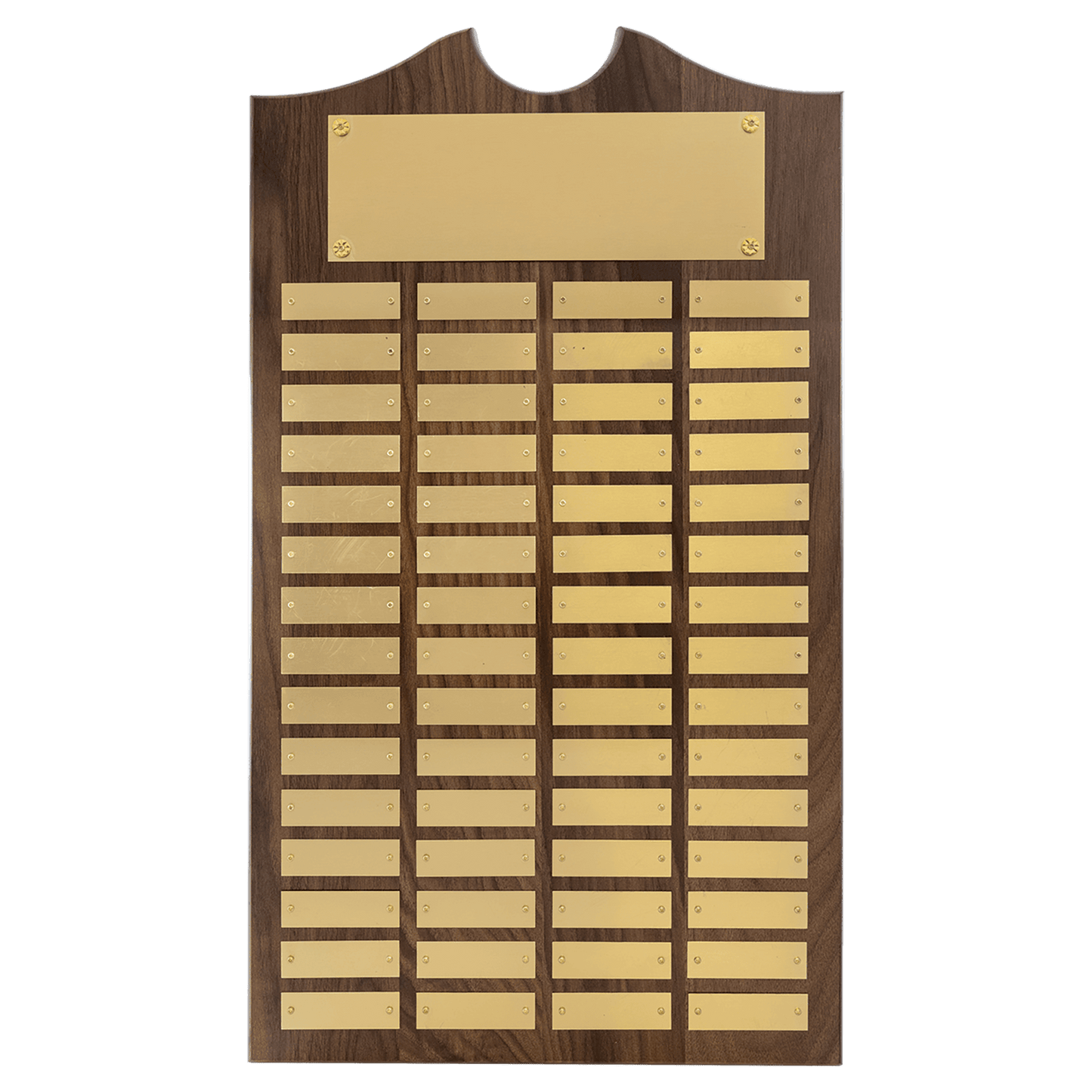 Solid American Walnut perpetual plaque with traditional scalloped design top.  Brushed gold brass plates, Individual plates are 7/8" x 2-3/4". Available with 15 plate combinations.