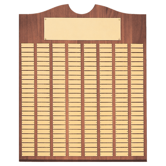 Solid American Walnut perpetual plaque with traditional scalloped design top.  Brushed gold brass plates, Individual plates are 7/8" x 2-3/4". Available with 15 plate combinations.