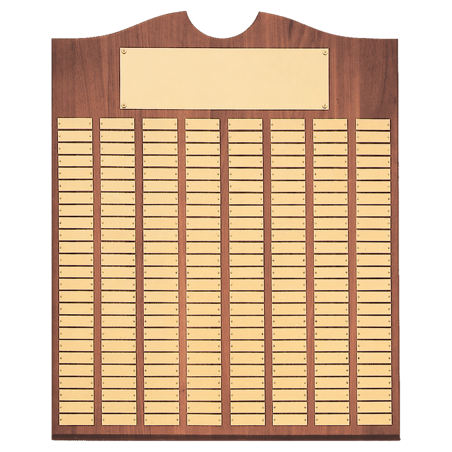 Solid American Walnut perpetual plaque with traditional scalloped design top.  Brushed gold brass plates, Individual plates are 7/8" x 2-3/4". Available with 15 plate combinations.