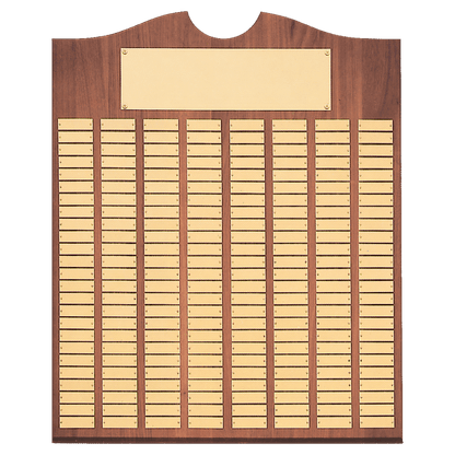 Solid American Walnut perpetual plaque with traditional scalloped design top.  Brushed gold brass plates, Individual plates are 7/8" x 2-3/4". Available with 15 plate combinations.