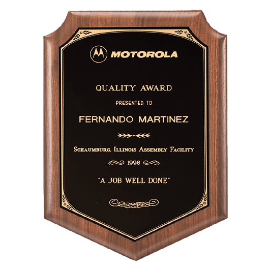 7"x8" Walnut shield plaque with printed border with a black brass plate. Available in 4 sizes.