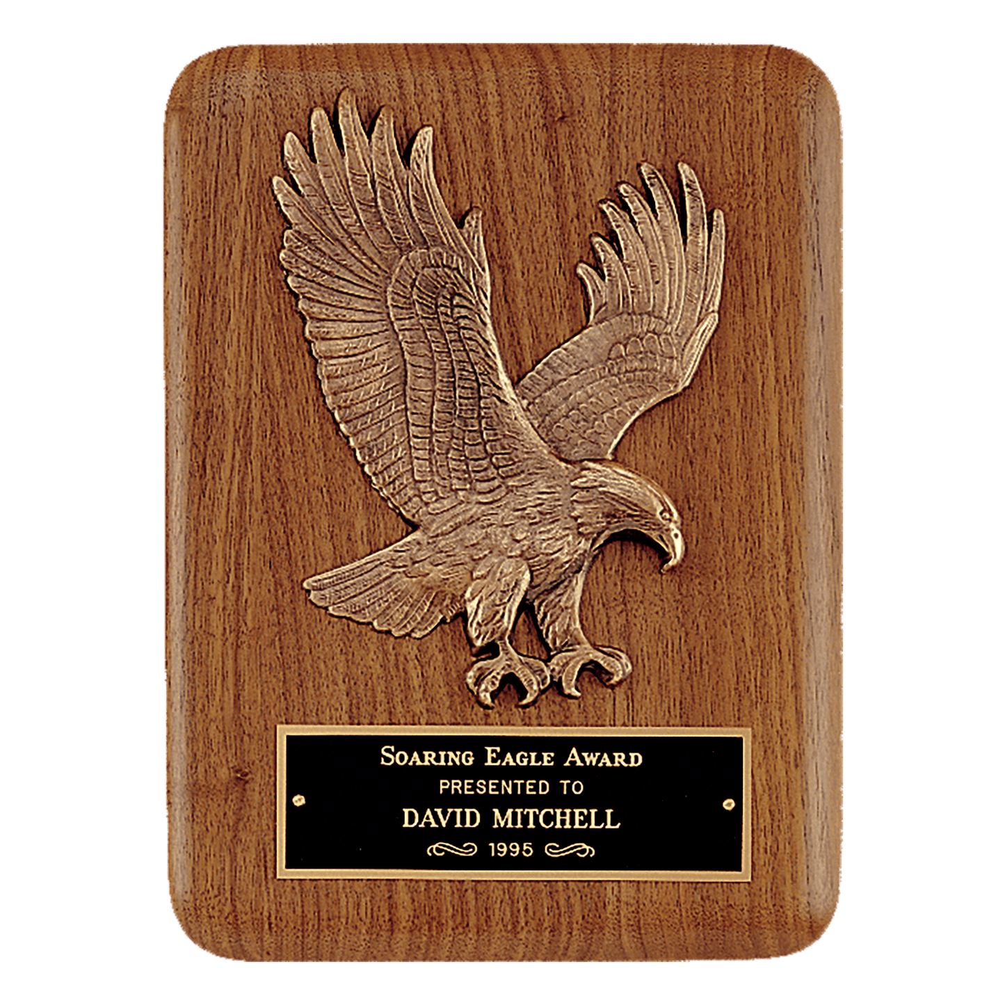 Walnut Plaque with Gold Cast Metal Eagle, Laser Engravable Black Brass Plate. Comes in 4 sizes and variants.