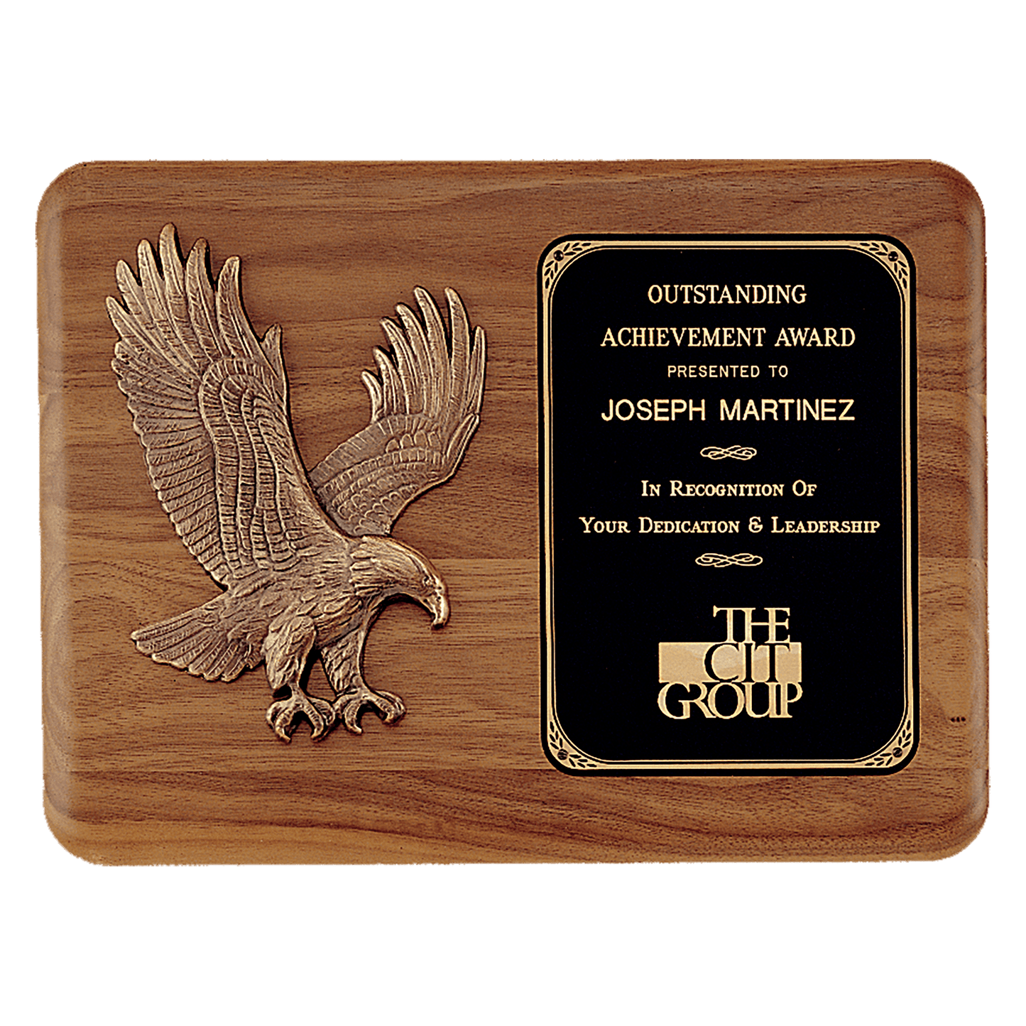 Walnut Plaque with Gold Cast Metal Eagle, Laser Engravable Black Brass Plate. Comes in 4 sizes and variants.