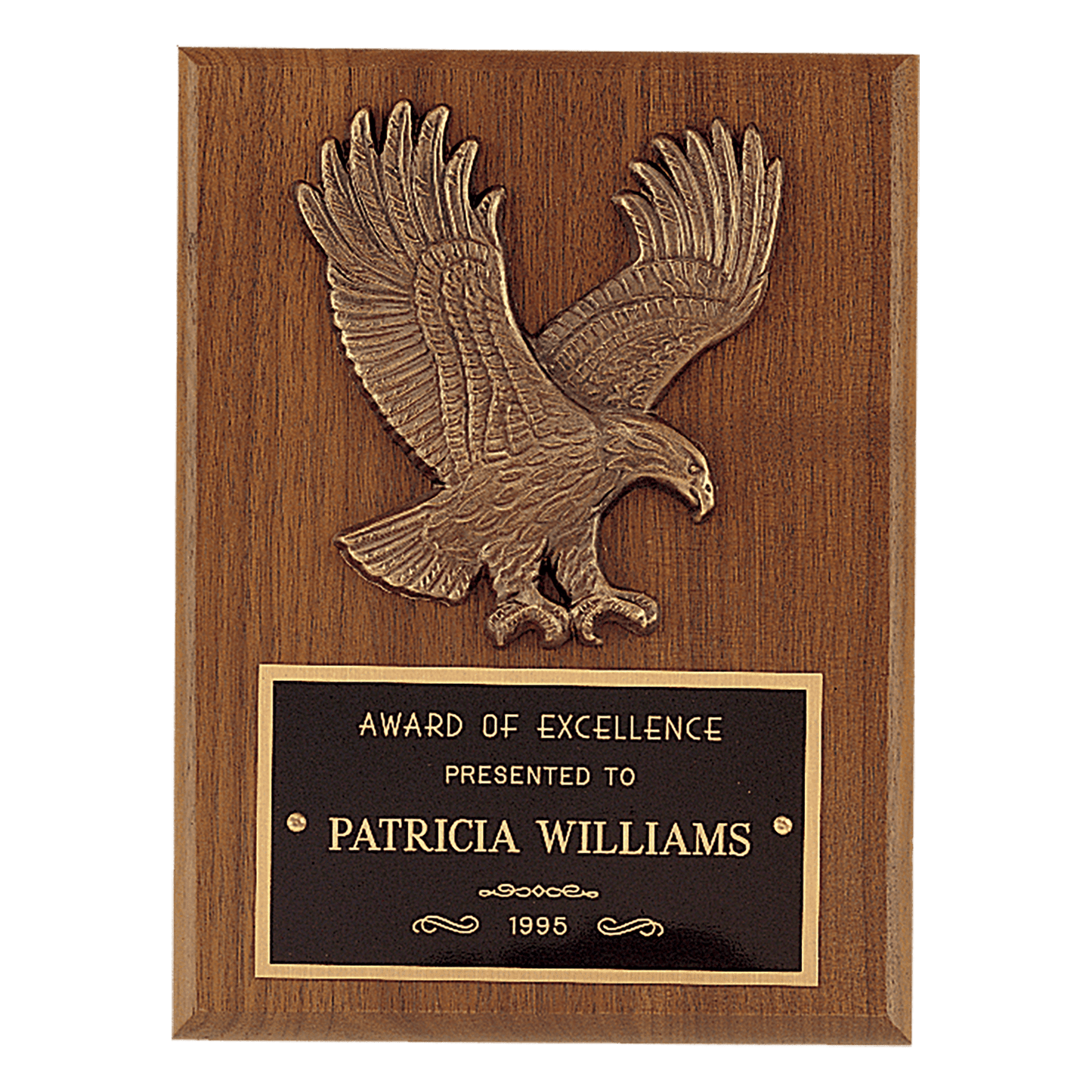 Walnut Plaque with Gold Cast Metal Eagle, Laser Engravable Black Brass Plate. Comes in 4 sizes and variants.