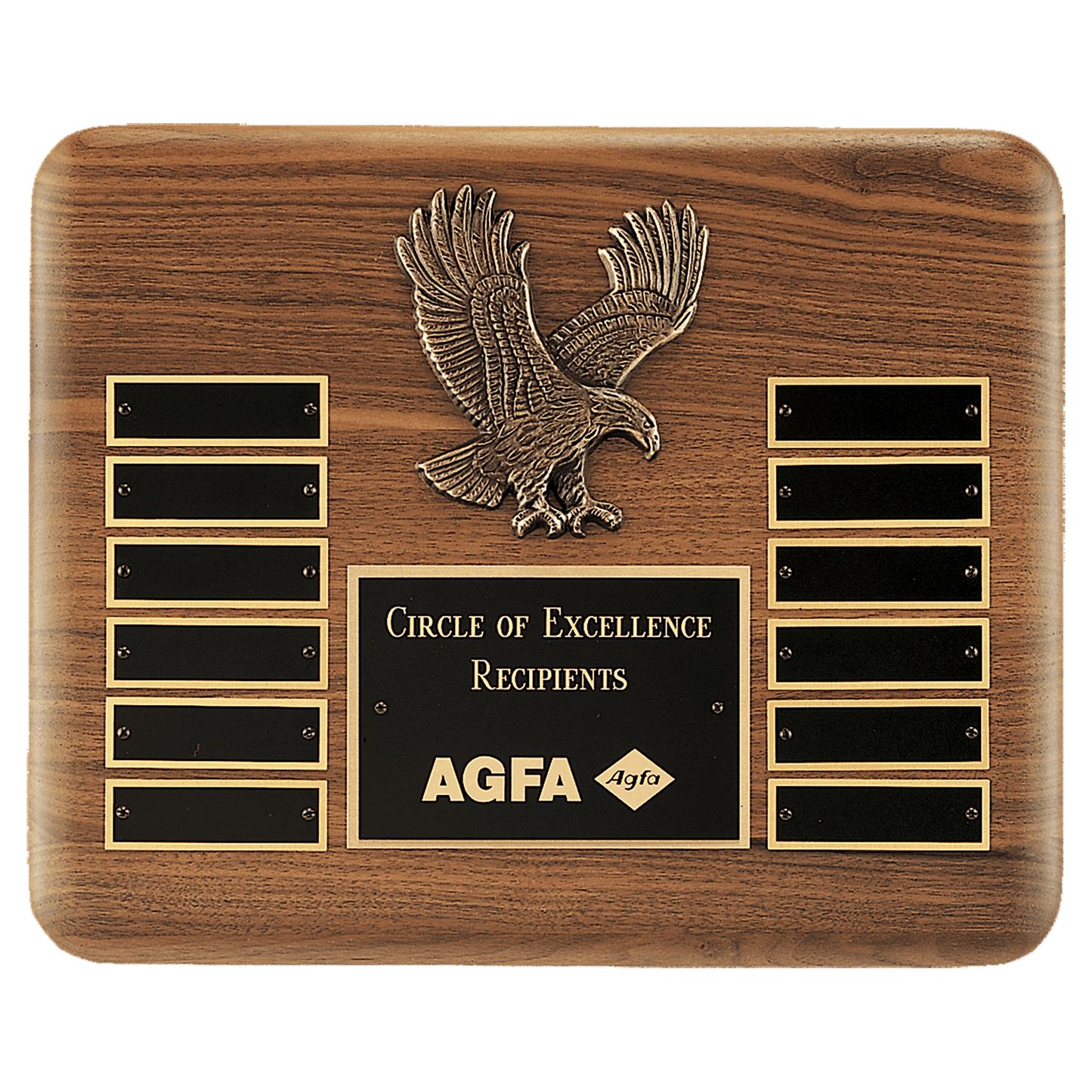 10.5"x13" American Walnut plaque with 12 Individual Black Brass plates, Gold Eagle casting in middle