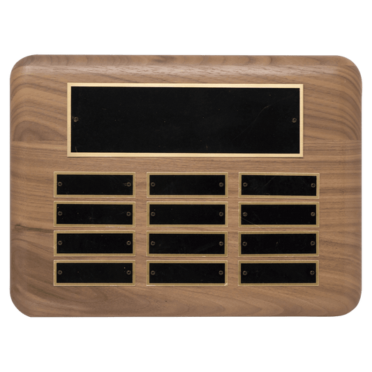 American Walnut Rounded Corner Plaque with Individual Plate sizes .875"x2.75". Available in 11 combinations.